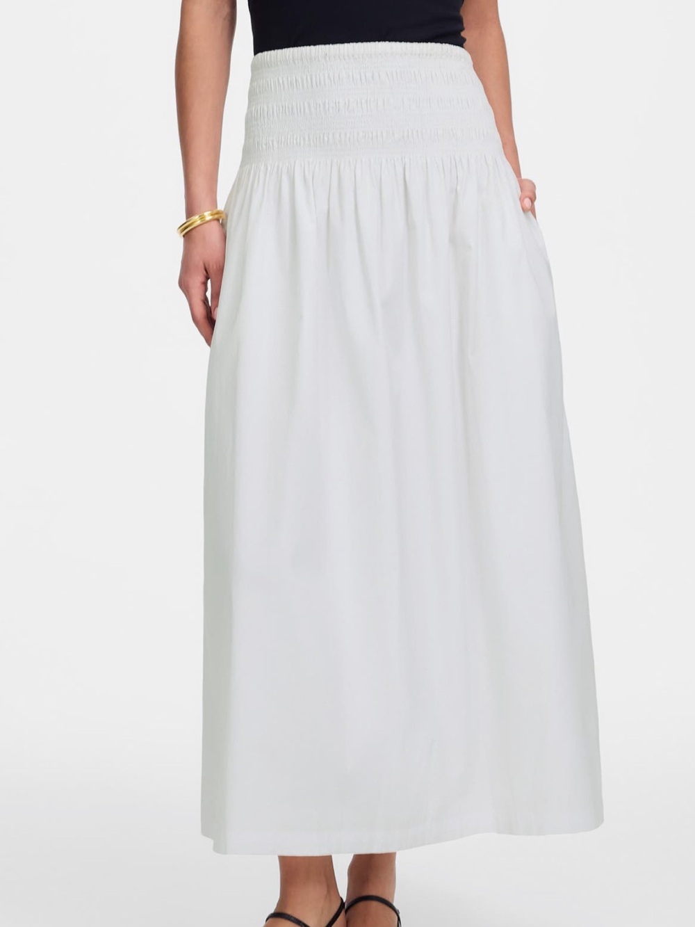 Madewell Smocked Waist Cotton Poplin Midi Skirt in White